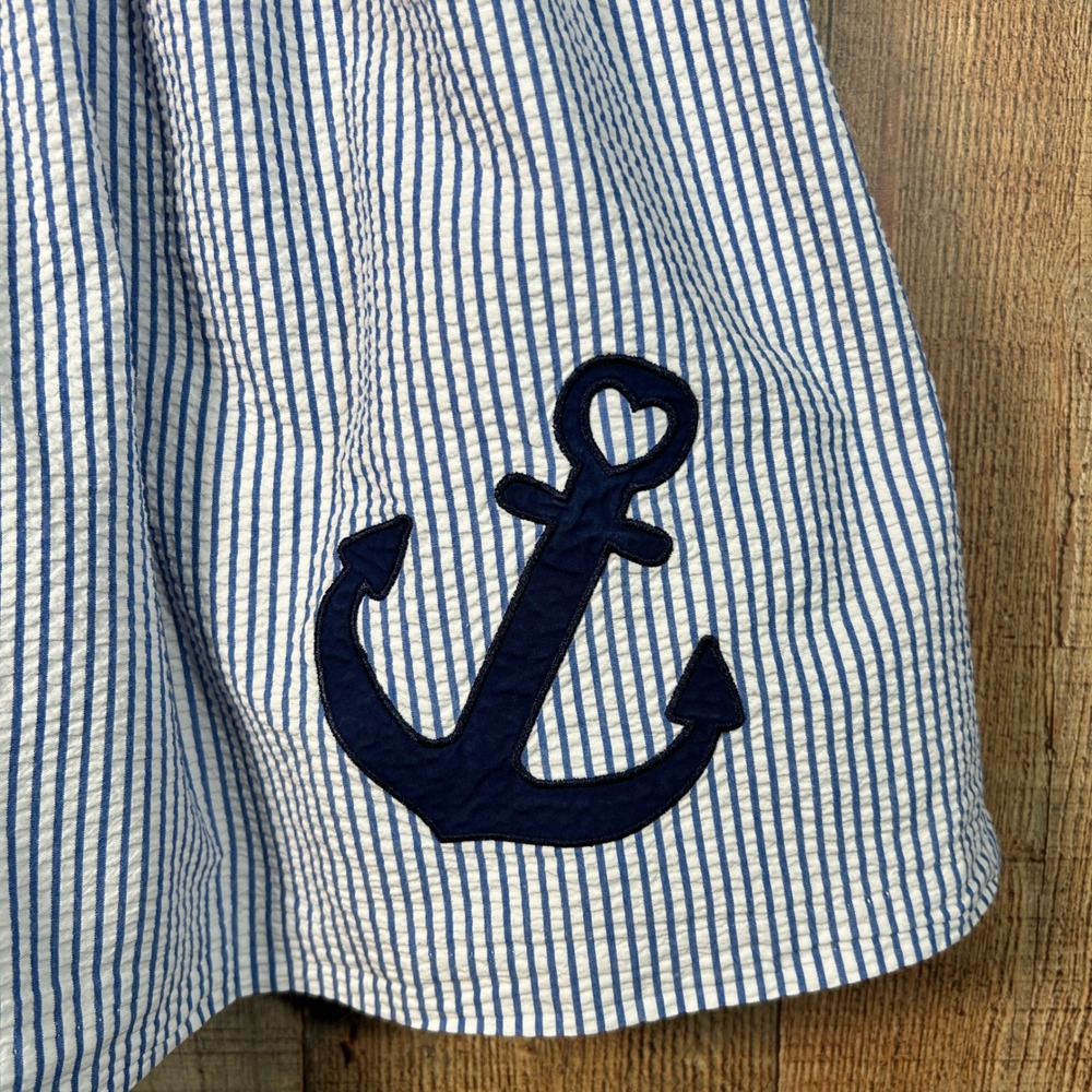 Tahari Girls Blue White Striped Seersucker Anchor Nautical Bow Dress 7 Coastal - Picture 2 of 6